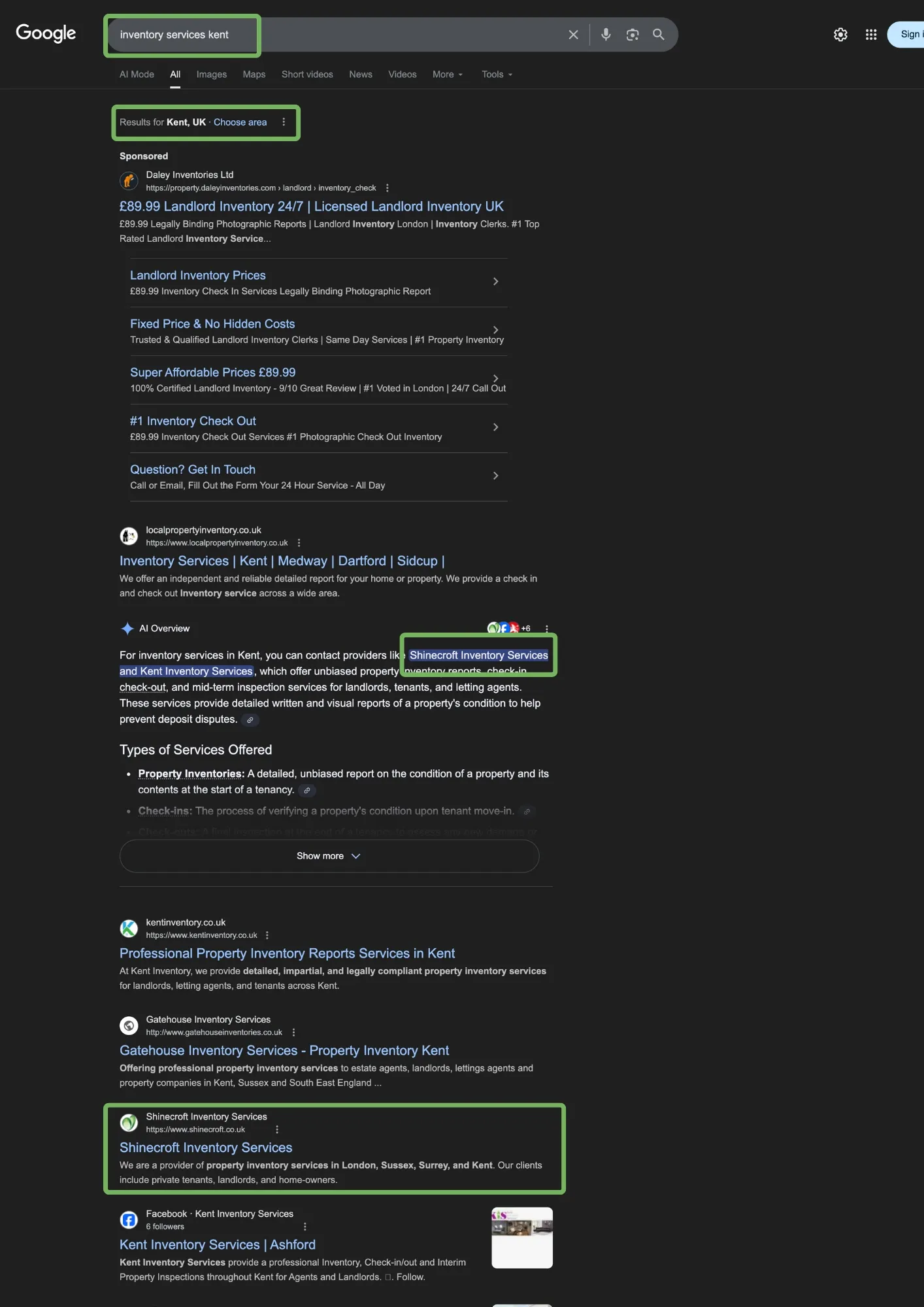 Shinecroft ranking on page one and named in Google's AI Overview for "inventory services kent"