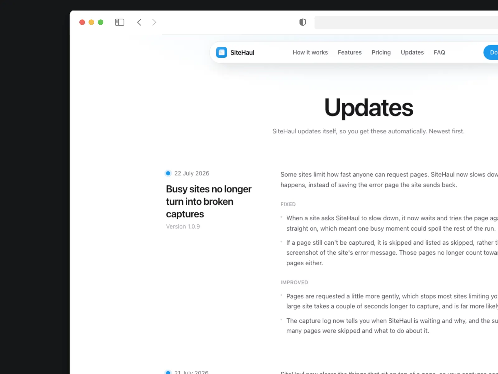 SiteHaul's in-app updates feed, delivered through the auto-update pipeline